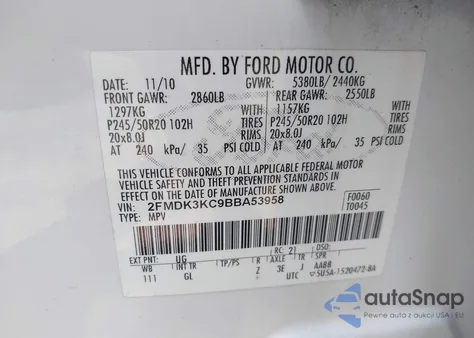 2011 Ford Edge Limited z USA, uszkodzony, nr VIN 2FMDK3KC9BBA53958